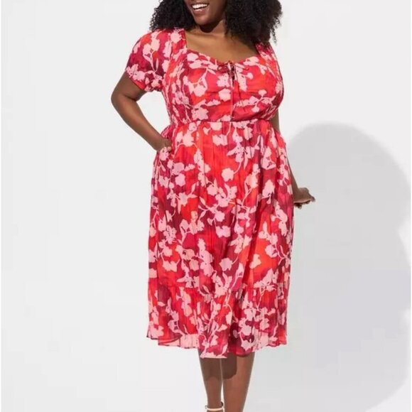 Torrid Size 1 Reddish Orange Cotton Clip Dot Lace Up Smocked Midi Dress - Picture 1 of 8